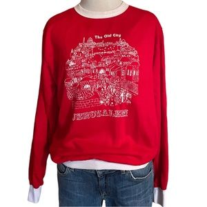 Vintage 80s Red White Faded Jerusalem Spell Out Sweatshirt Israel Tourist Cotton